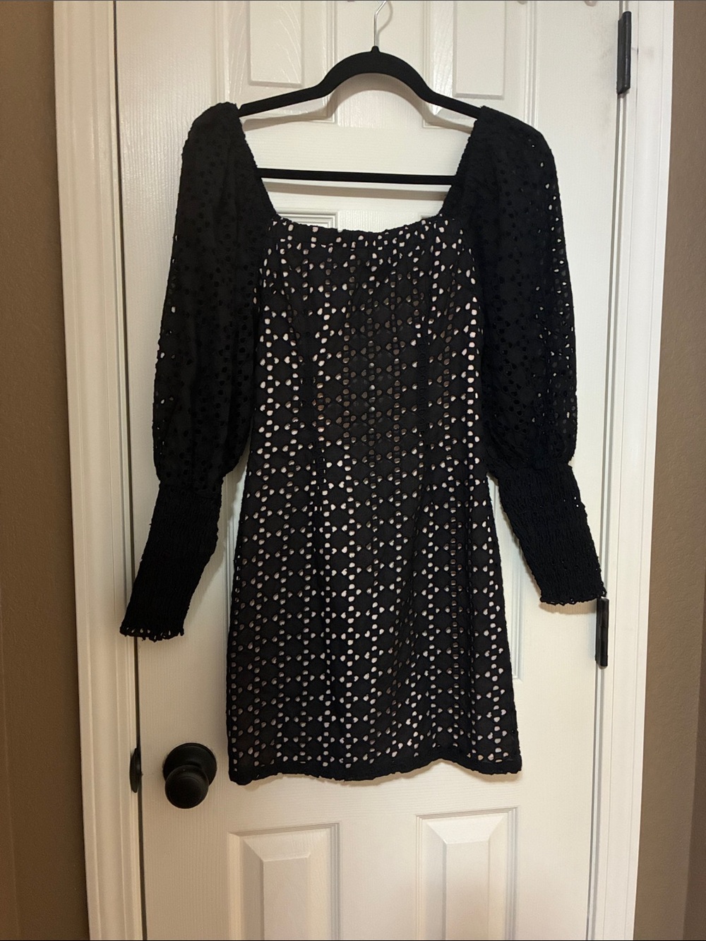 English Factory Black Eyelet Puff Sleeve Mini Dress